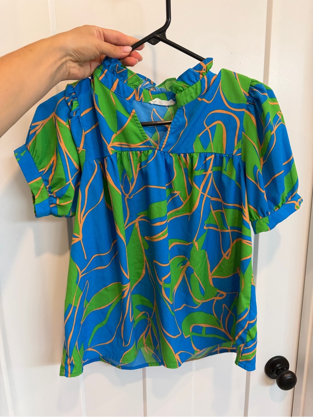 mittoshop Blue & Green Abstract Floral Short Sleeve Top